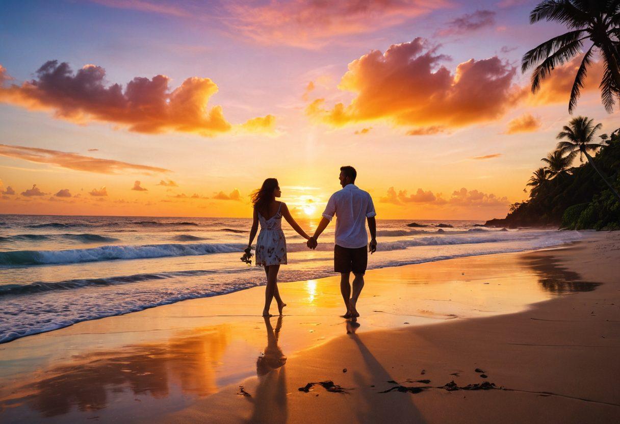 A couple smiling and playfully holding hands on a vibrant, open beach with a lively sunset in the background. Surround them with subtle symbols of adventure, like a compass and a map, hinting at exploration. Include an inviting atmosphere with soft waves and lush tropical plants surrounding the beach. The scene should feel adventurous yet warm, radiating excitement and openness. super-realistic. vibrant colors. tropical theme.
