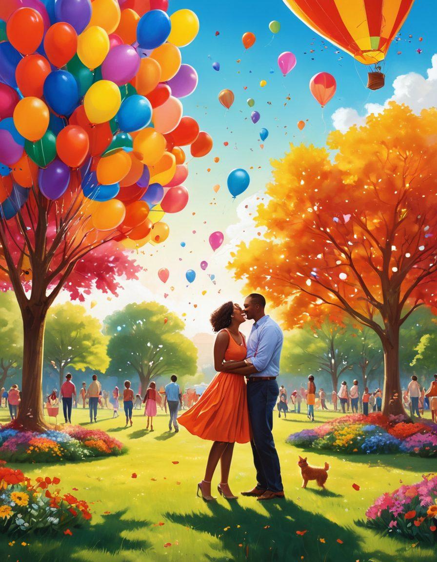 A vibrant depiction of diverse individuals and couples sharing laughter and joy in a colorful park setting, surrounded by symbols of freedom like butterflies and balloons, representing alternative lifestyles. The scene should convey a sense of openness, acceptance, and connection, showcasing various non-traditional relationships in a harmonious and celebratory atmosphere. Bright, lively colors and an inviting composition to enhance the sense of liberty. super-realistic. vibrant colors. outdoor setting.