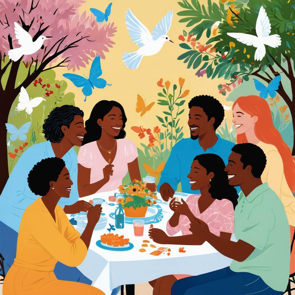 An artistic representation of a diverse group of couples engaging in open conversations and laughter, surrounded by symbols of freedom like doves and butterflies. The scene is vibrant and inviting, reflecting warmth and openness to alternative lifestyles. Include elements representing love and connection in a cozy, outdoor setting. soft pastels. vector art. vibrant colors.